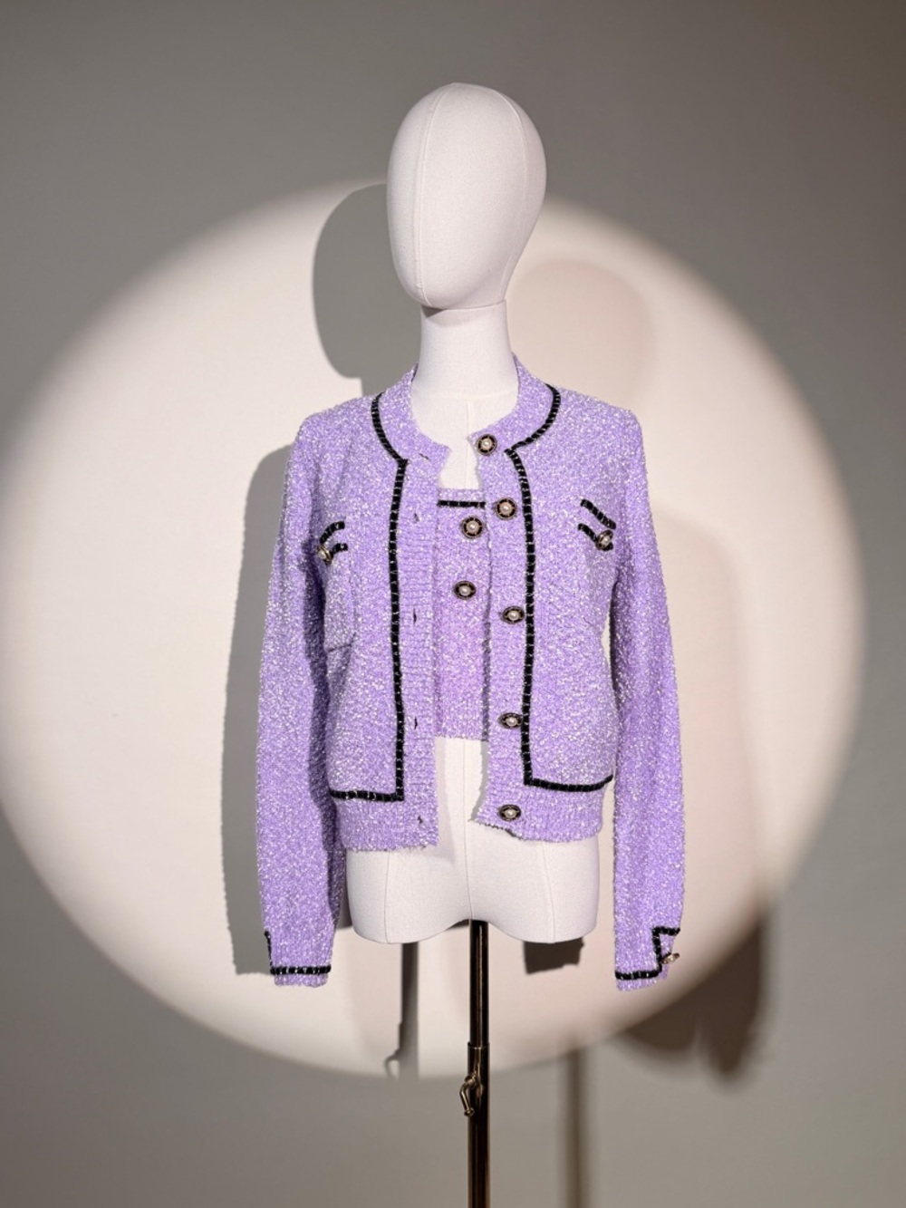 Cider Lavender Bouclé Knit Cardigan and Matching Top Set with Contrasting Trim